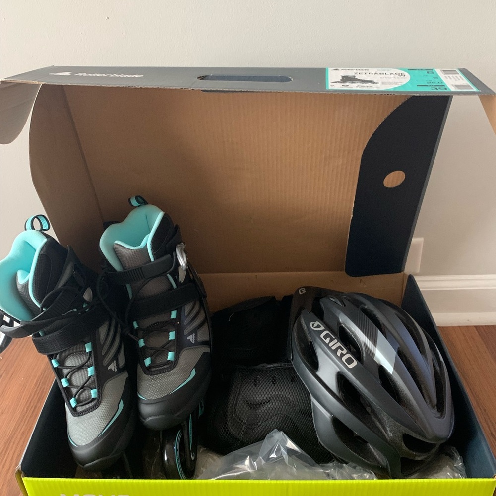 Women’s Rollerblades Size 8 , Helmet, and Protective Gear